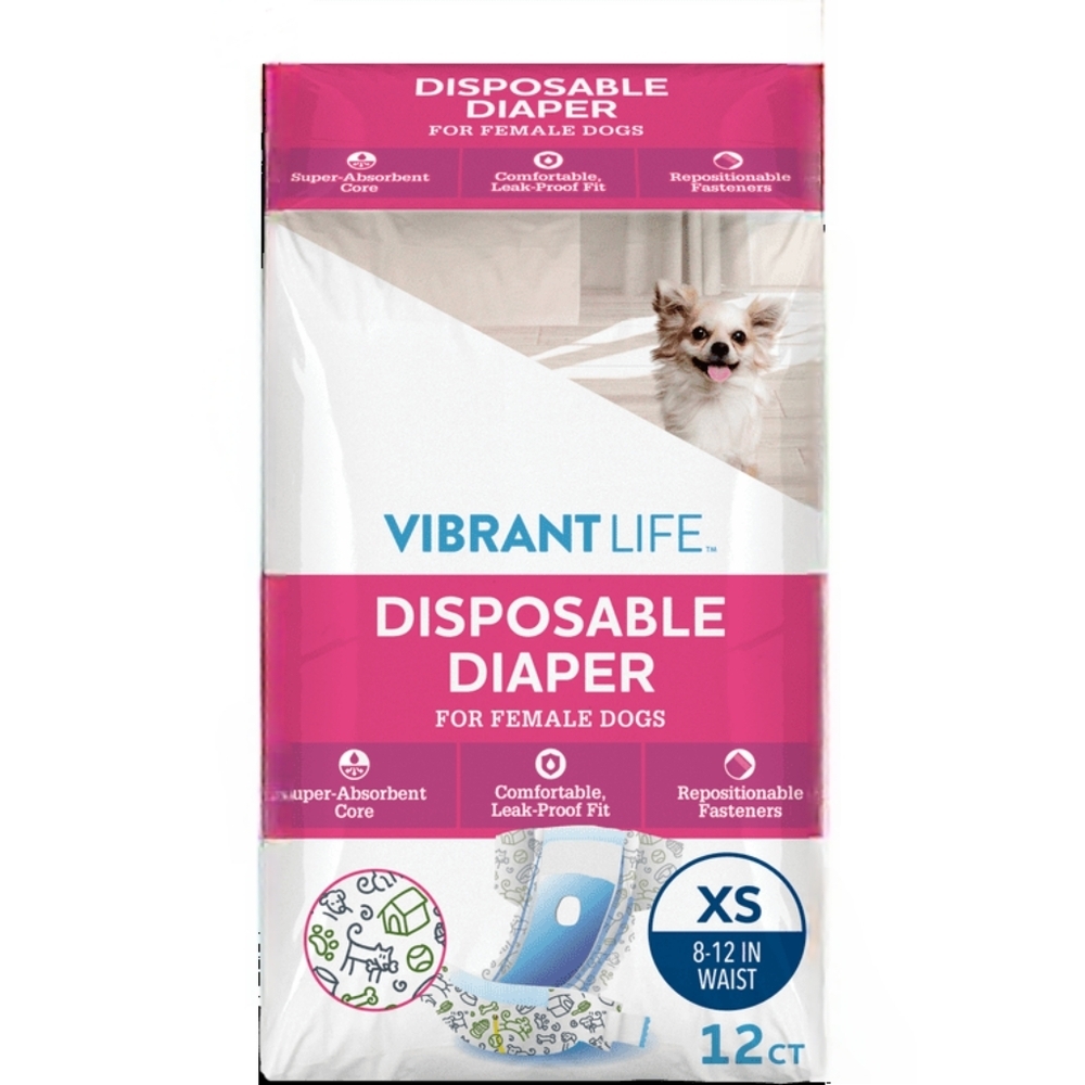 🆕Vibrant Life Female Dog Diapers - XS - 12 Count (8"-12" Waist)